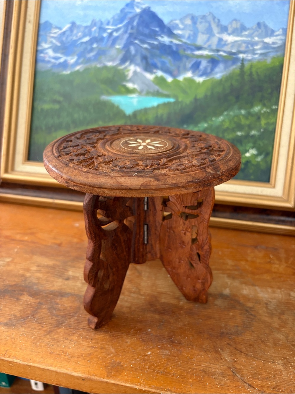 VINTAGE Plant Stand Carved Sheesham Wood India 6"